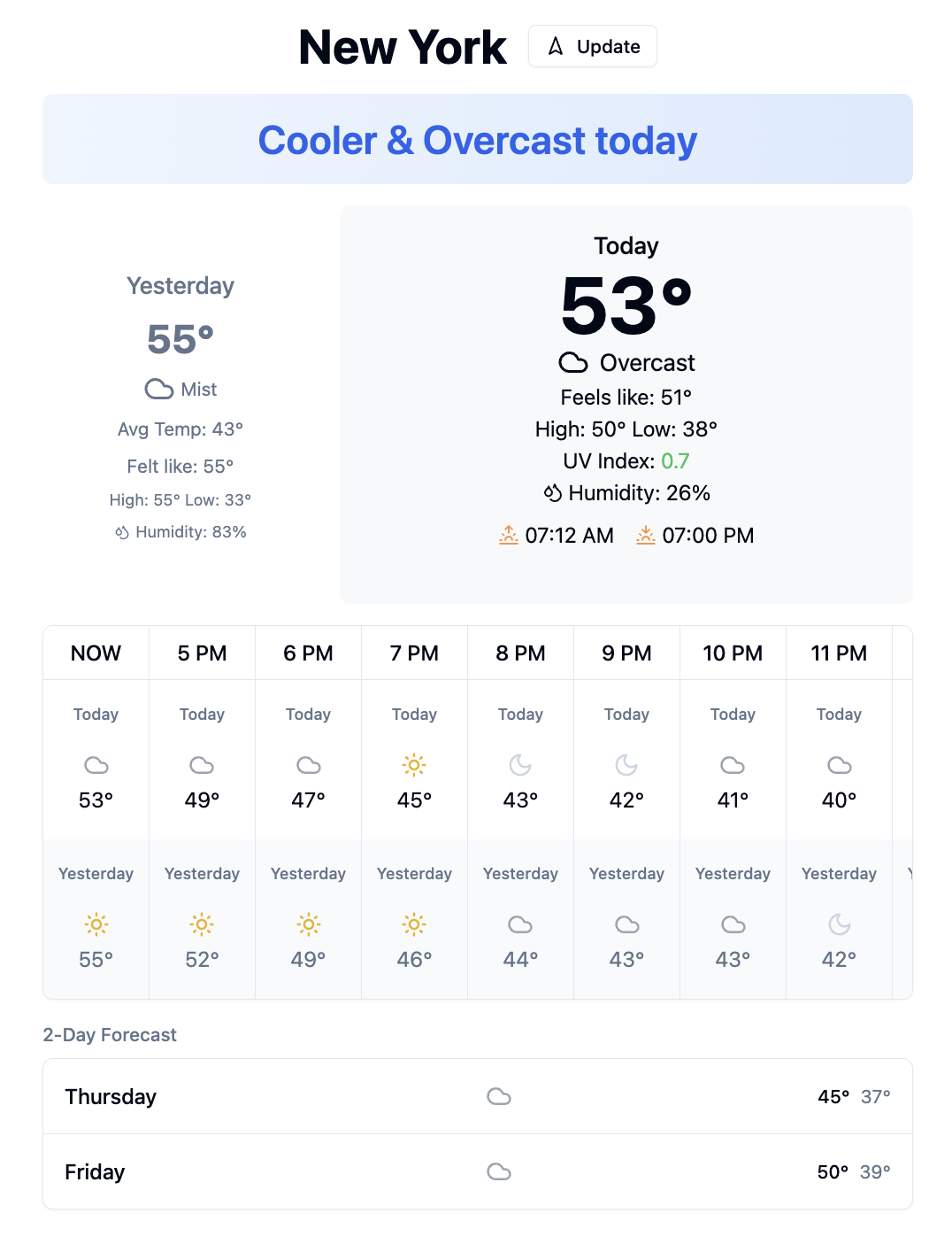 screenshot of the Compared to Yesterday weather app